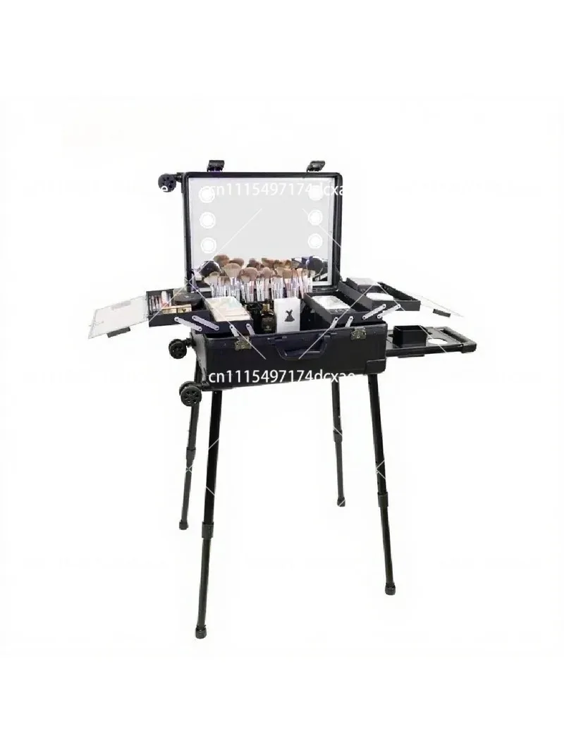 Professional Makeup Trolley Case with Lighted Mirror 24 Inch Rolling Cosmetic Organizer for Artists