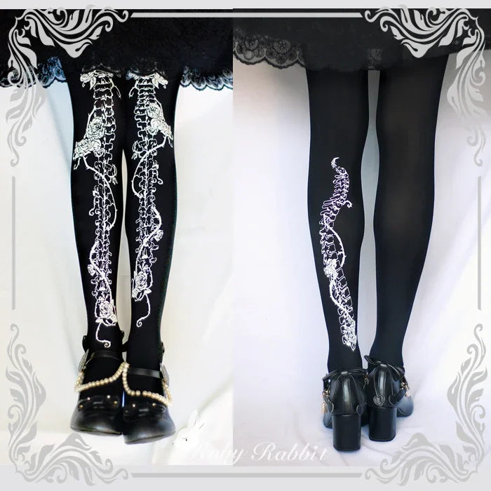 Original Jirai Kei Lolita Print Pantyhose Ladies 2024 Fall New Sweet Black Rose Bone Generate Color Leggings Pantimedias Mujer image 3