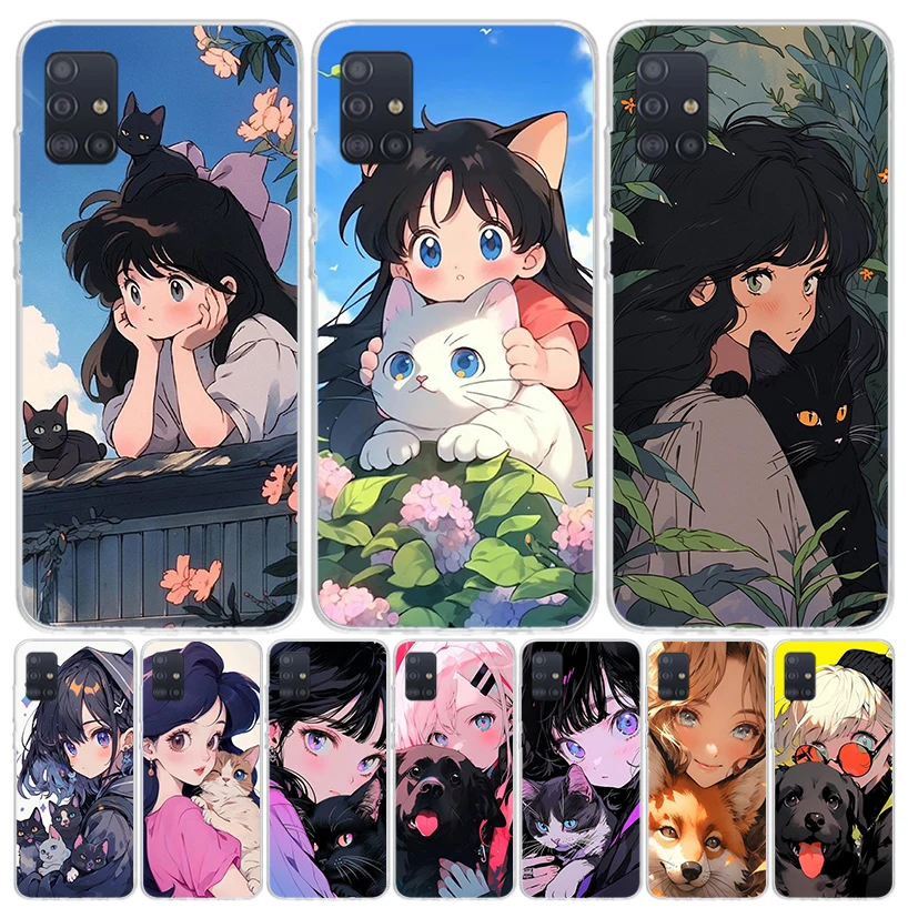 Cute Anime Ins Girls Animal Cat Phone Case For Samsung Galaxy A51 A41 A31 A21S A11 A01 A71 A50 A40 A30S A20E A10S A70 A6 A7 A8 A