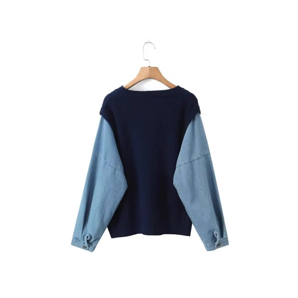

Women's Lazy Style Casual Sweater High-End Denim Sleeve Stitching Knitwear Autumn Winter Top Fashionable Casual Wear