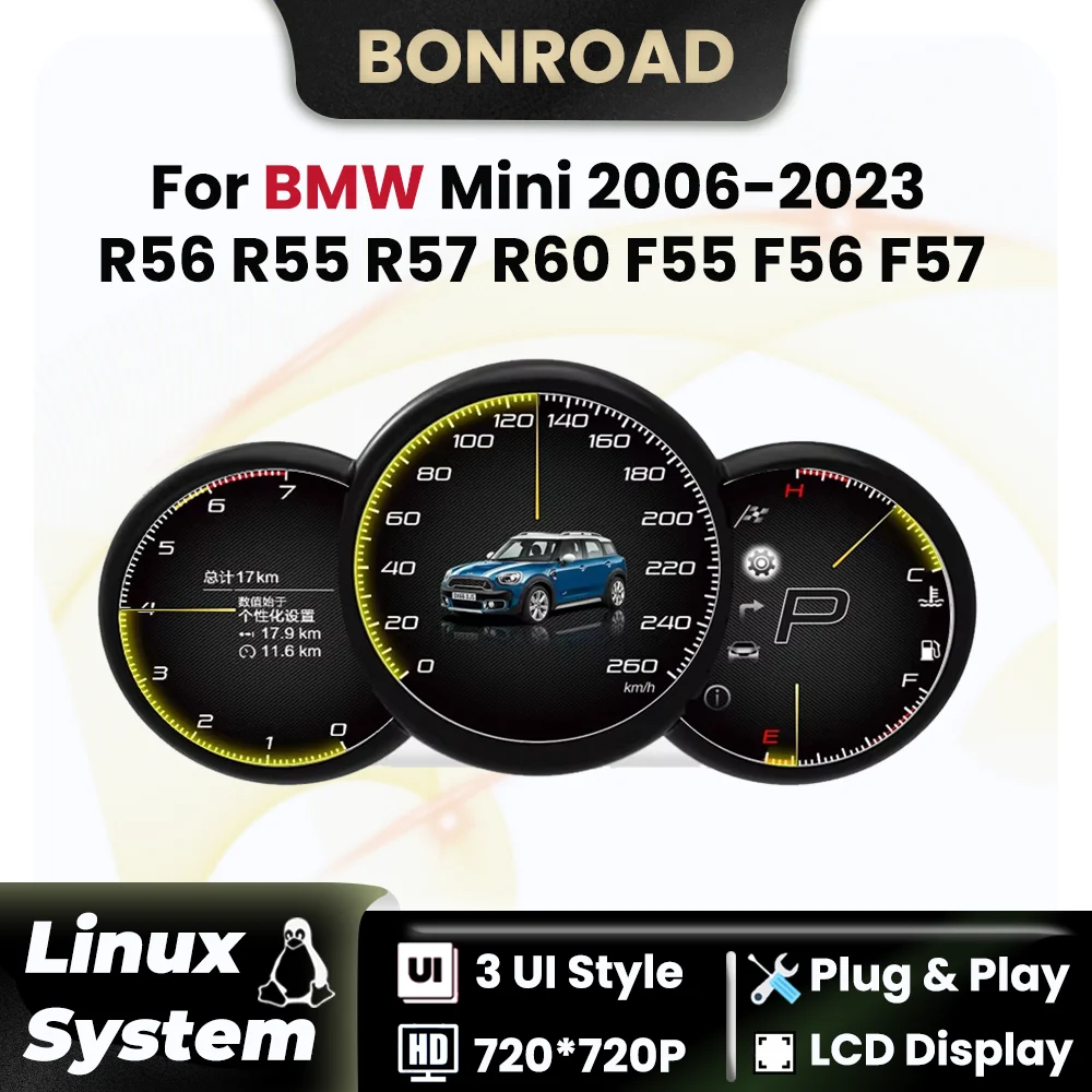 

Автомобильная ЖК-дисплей BONROAD для BMW MINI Cooper R55 R56 R57 R60 F55 F56 F57 2006-2023, панель цифрового кластера, спидометра, инструмента