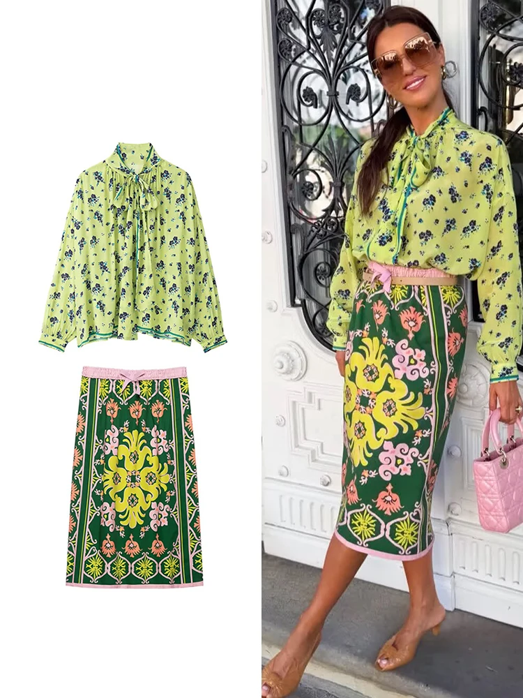 TFMLN New Women's Printed Midi Skirts Set 2026 Autumn Bow High Neck Shirt Elastic Waist Straight Skirt 2 Piece Elegant Outfit