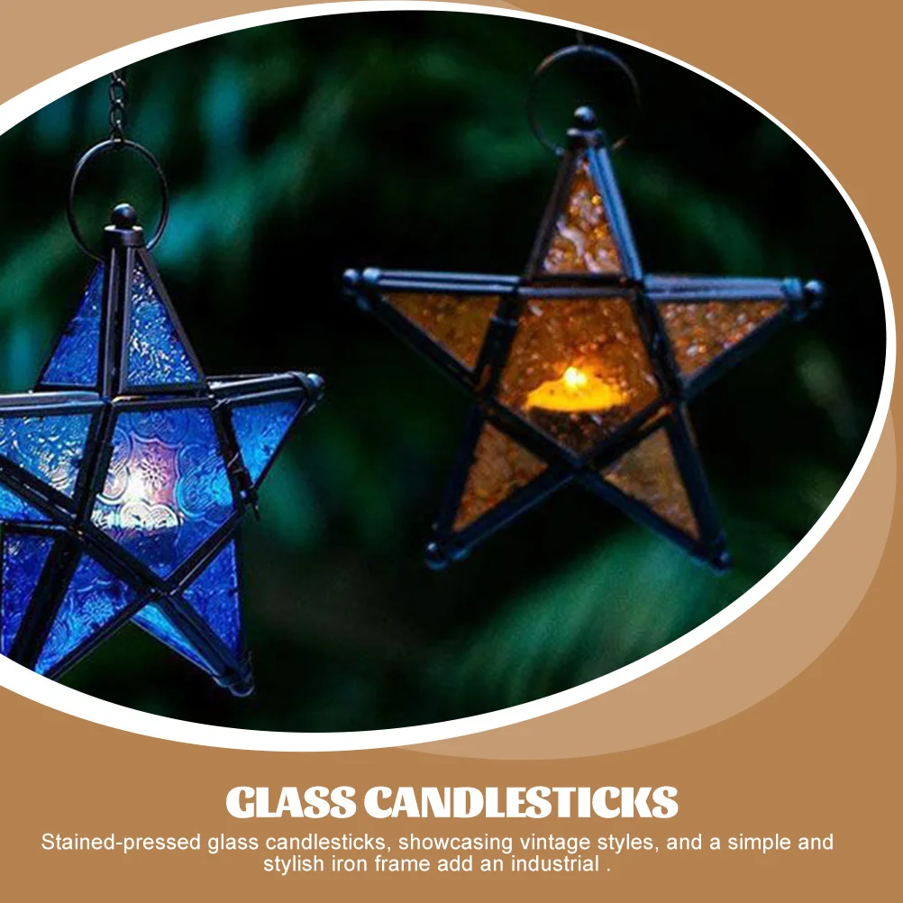 

Colorful Stained Glass Five-Pointed Star Hanging Holder Iron Frame Lantern for Home Party Wedding Decoration