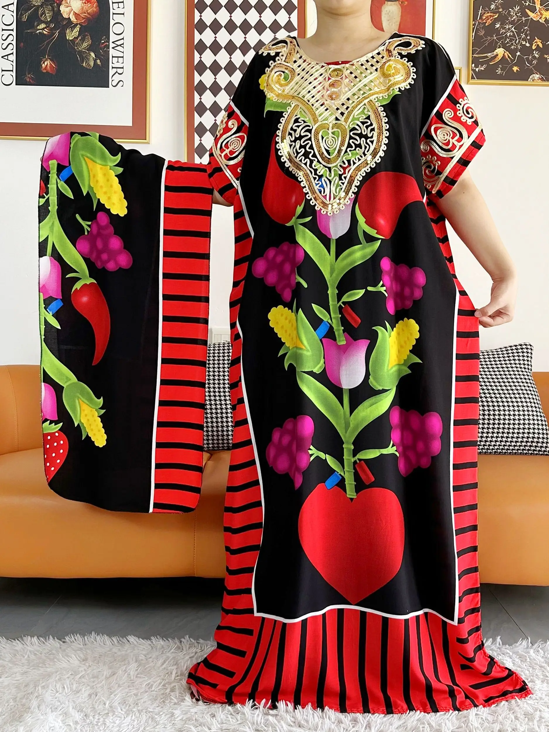 Newest Muslim Party Dress With Scarf For Women Loose Dshiki Maxi Robe Femme Musulmane African Sequnise Printed Floral Abaya