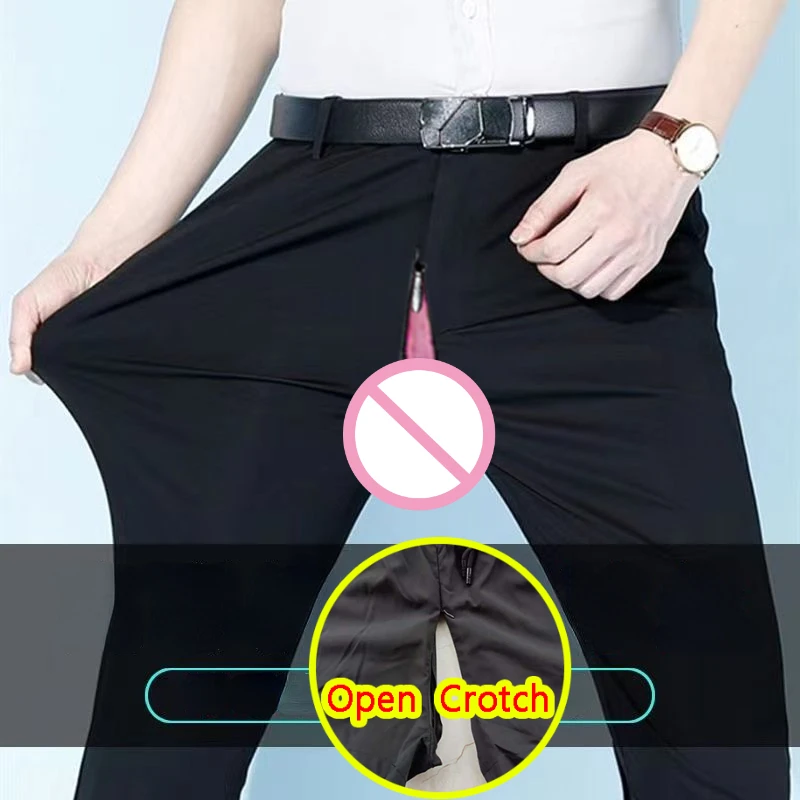 Men Open Crotch Sexy Suit Pants Slim Hidden Zippers Casual Pencil Trouser Winter Thciken Thermal Panties Crotchless Clubwear