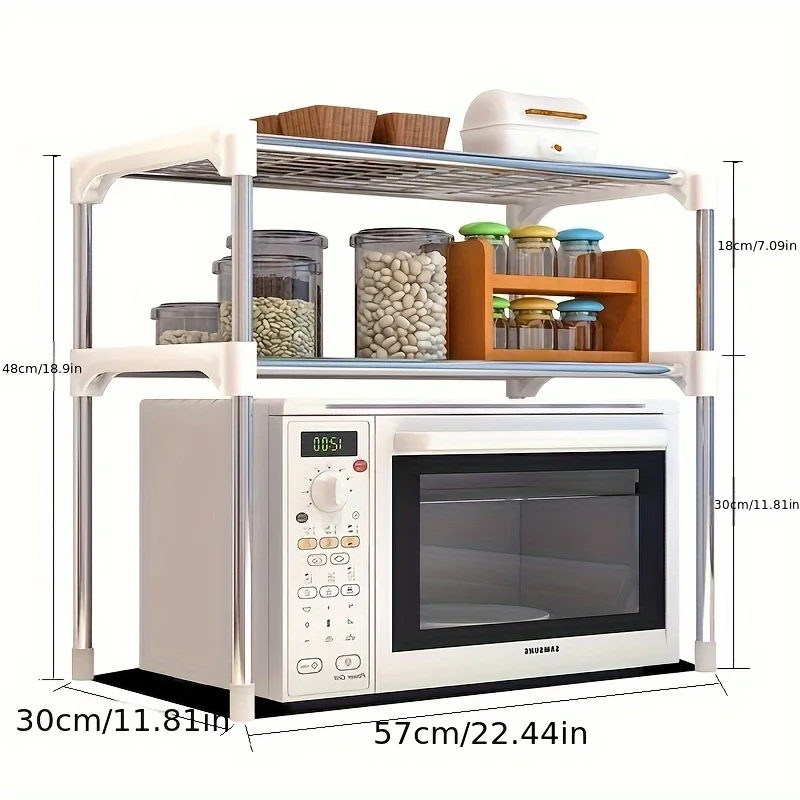 2-Tier Stainless Steel Microwave Oven Rack - Multipurpose Kitchen Storage Shelf with All-In-One Organizer