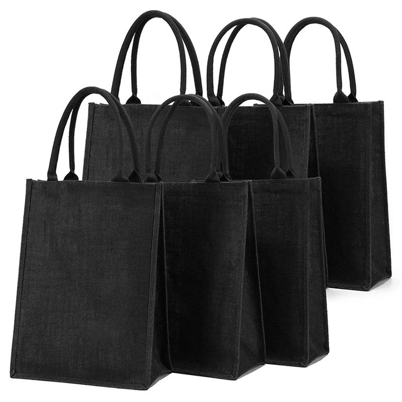 

6PCS Jute Tote, Lined Burlap Tote Bags With Handles, Reusable Grocery Bag For Women Shopping Tote, Plain Black Jute Bags