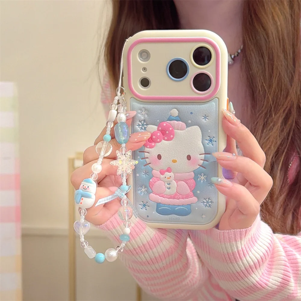 

Cute Cartoon Snowman Hellokitty Phone Case For iPhone 15 14 16 Pro Max 17 Max Cover Fashion Shockproof Fundas With Chain Cases