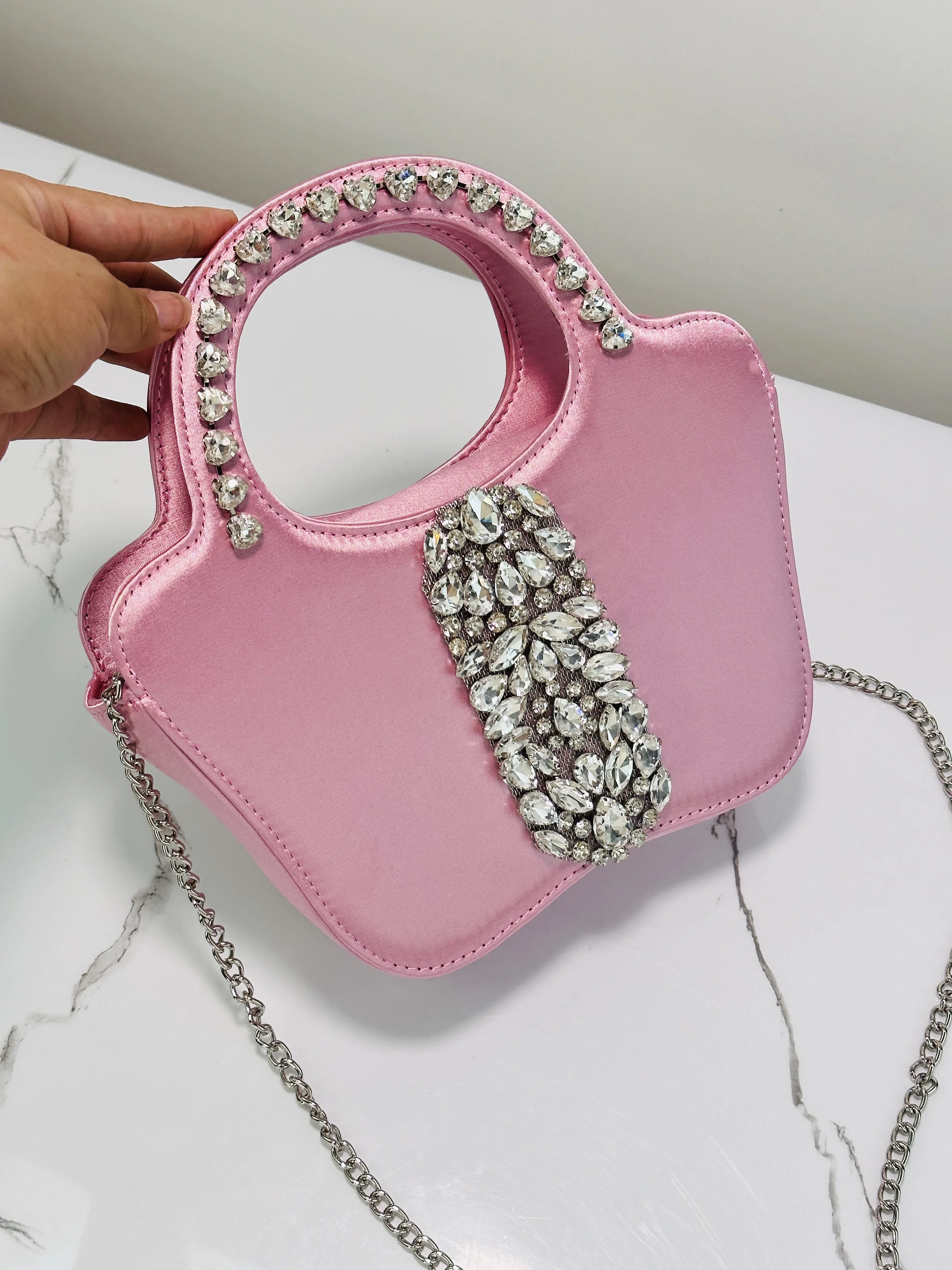 JIOMAY Glamorous Bucket Bag Rhinestone Handle Evening Bags Luxury Designer Handbags Silk Satin Purse for Women Coin Purse