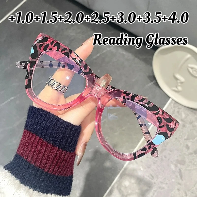 

Women's Fashion Anti-blue Light Presbyopia Glasses Neutral Fashion Leopard Print Frame Reading Glasses HD Luxury Glasses +4.0
