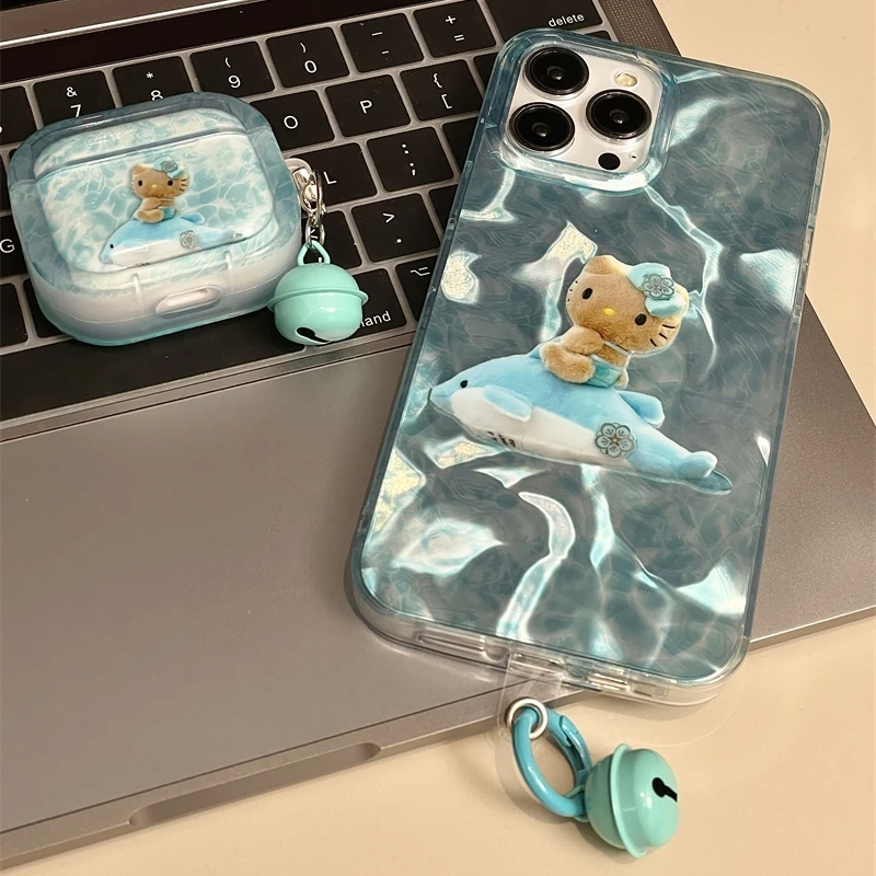 Kawaii Tan Hello Kitty Surfing Phone Case para iPhone, 13, 14, 15, Pro, Max, Sanrio, anime, fofo, pingente, capa protetora, menina, moda