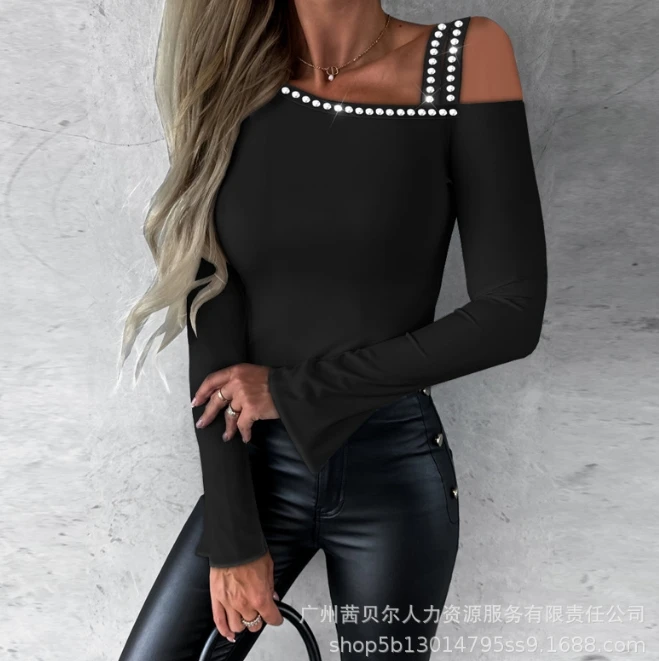 

Women Temperament T-Shirt 2024 Spring Summer Latest Casual Solid One Shoulder Slim Fit Long Sleeved Top Elegant Pullover Blouses