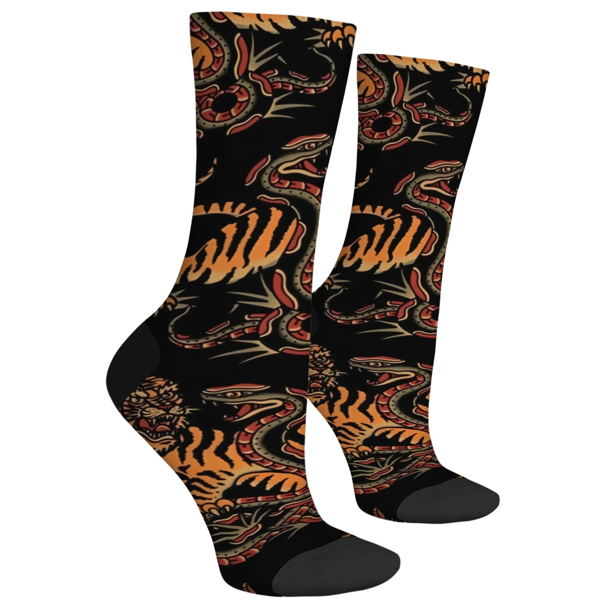 Harajuku retro tiger and snake print men's socks novel street style traditional trendy totem elements casual socks party gifts