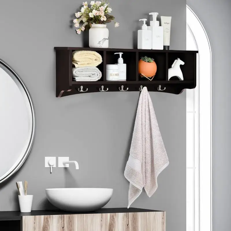 

Hanging Entryway Shelf Coat Rack Wall Mounted Storage Cabinets-Brown