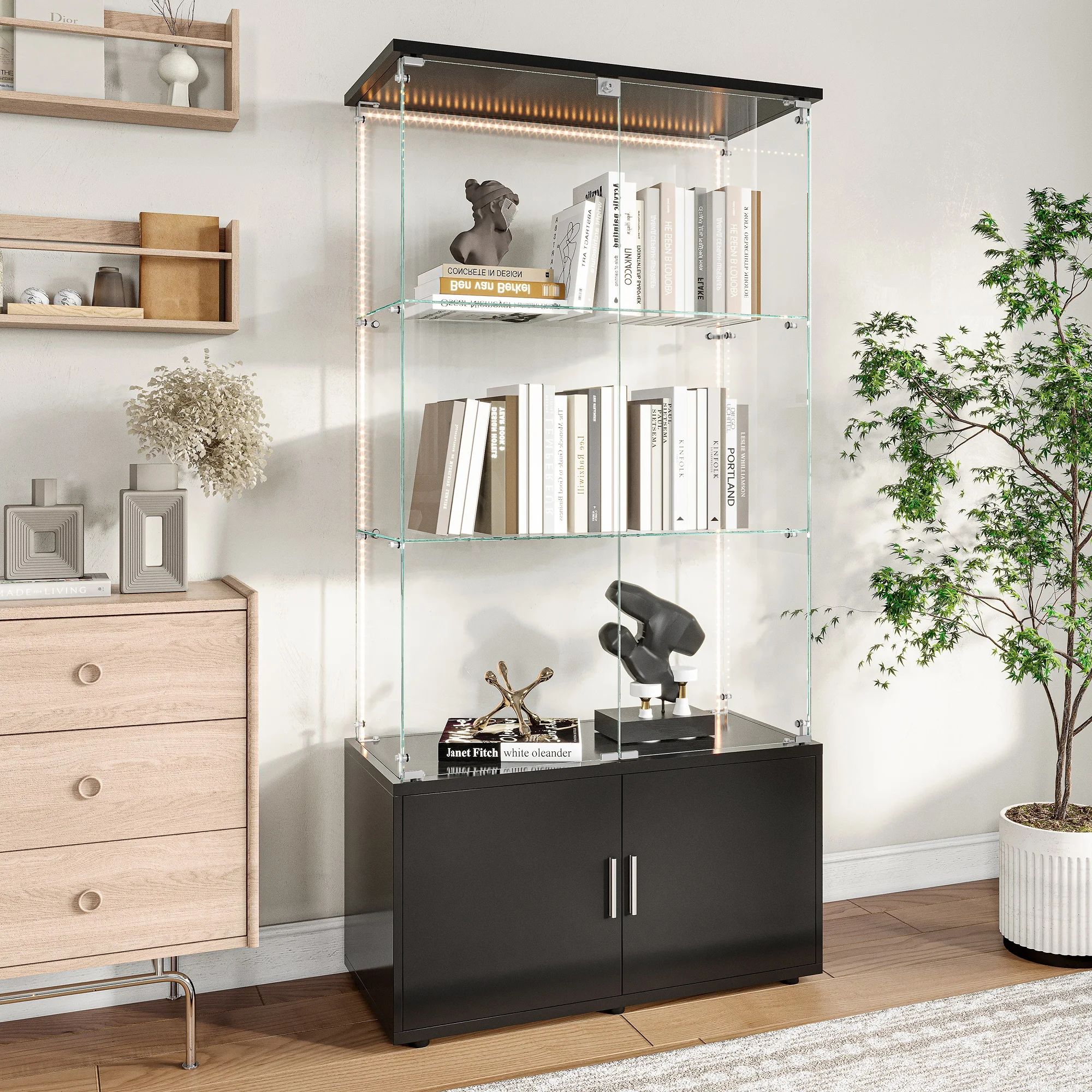 Fangange moderne LED glazen vitrinekast, dubbele deuren, 3-laags verzamelkast met onderste houten kasten