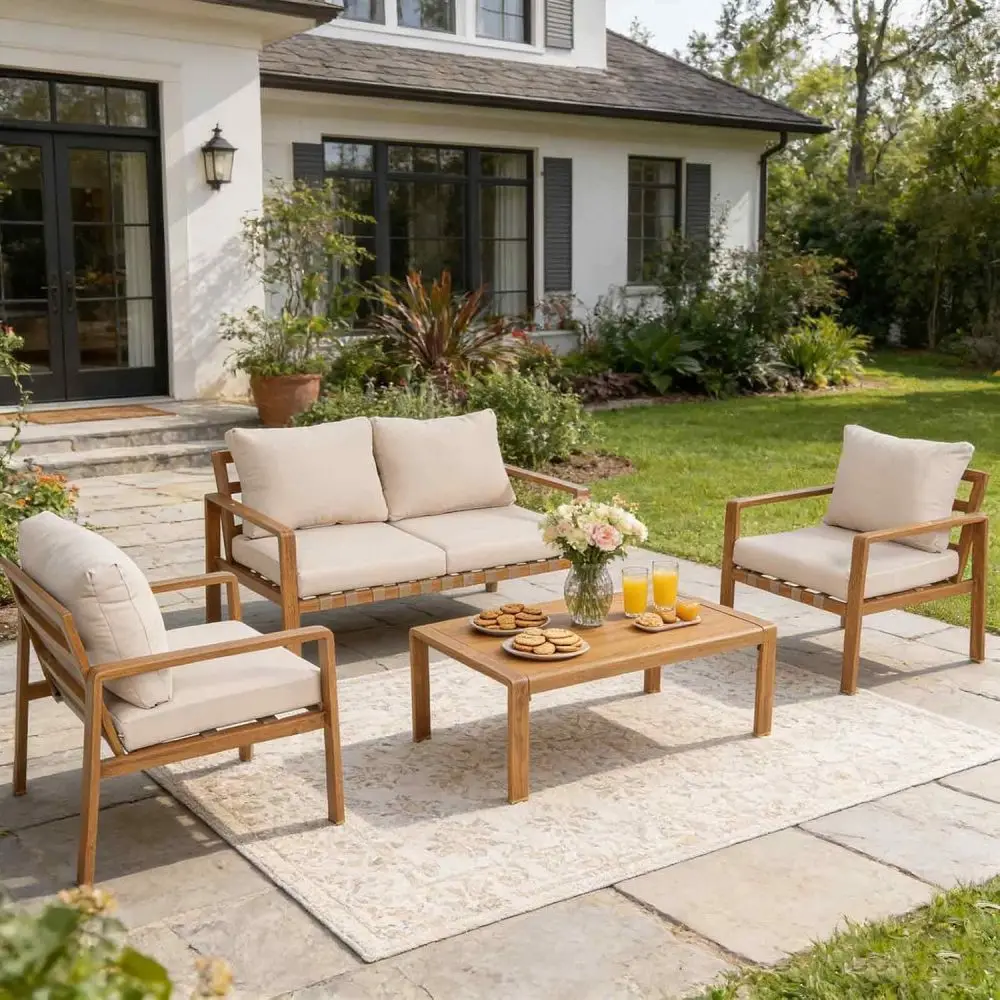 

4-Piece Outdoor Patio Set: All-Aluminum Wood Grain Frame, Cushioned Loveseat, 2 Armchairs & Plastic Coffee Table, Modern