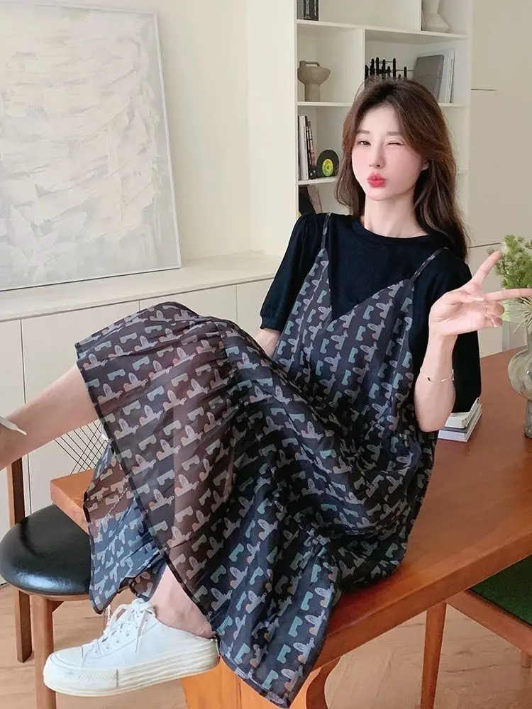 

plus Size Floral Print Chiffon Midi Dr Summer ort Sve Splice T-irt Dr Korean Sle Loose Waist A-Line Skirt
