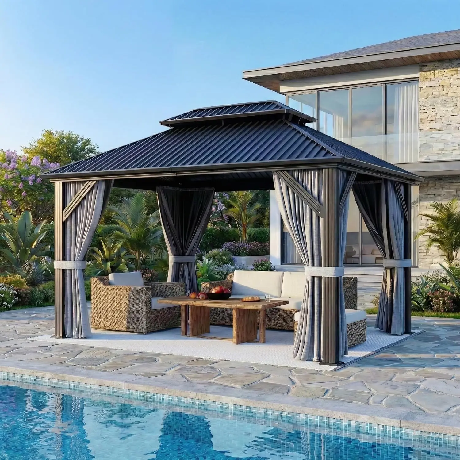 

Беседка 10'x12' с жесткой крышей, алюминиевая пергола с двойной оцинкованной стальной крышей, стационарный уличный металлический навес, на заказ