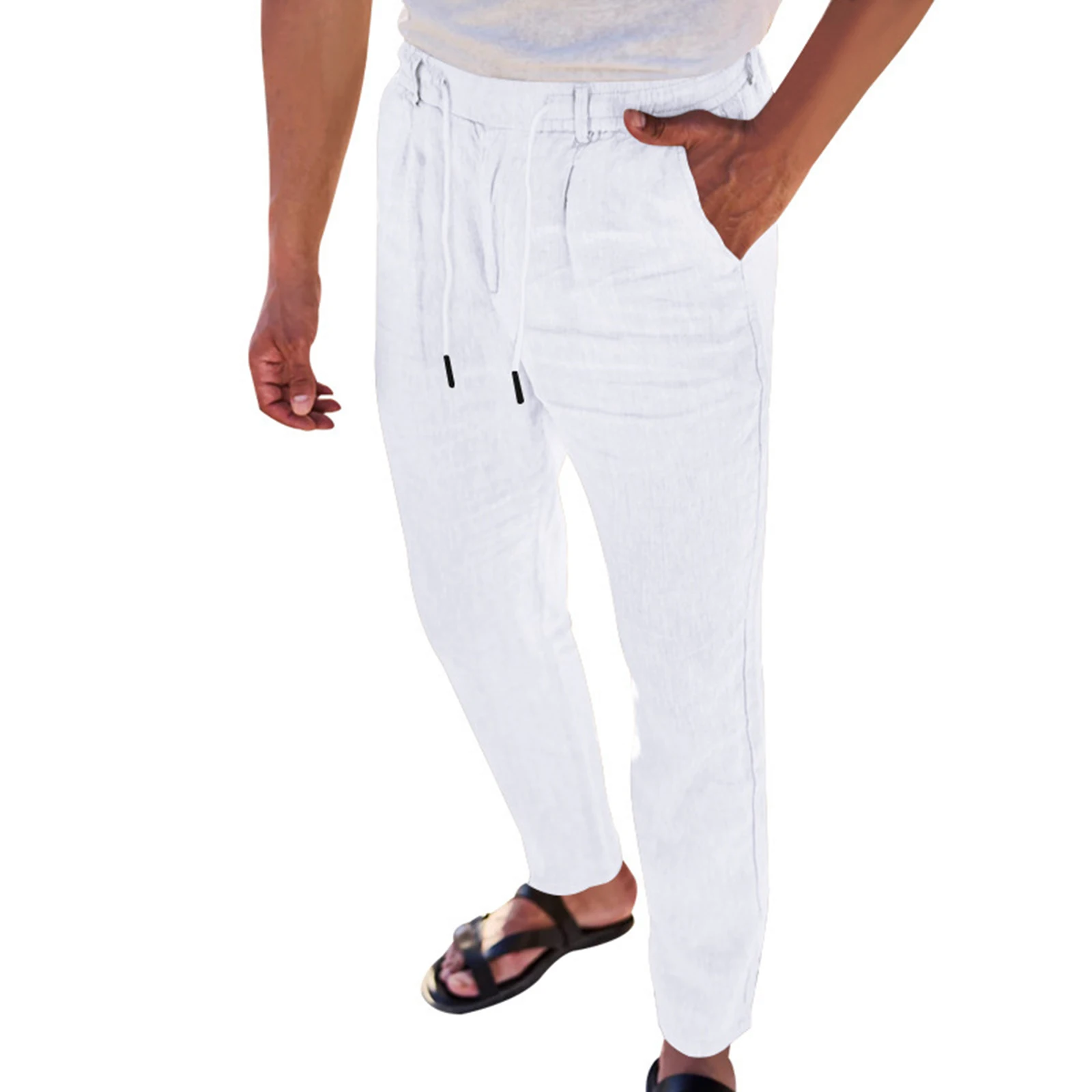 

Men s Breathable Linen Pants Solid Color Drawstring Waist Casual Straight Leg Trousers for Summer