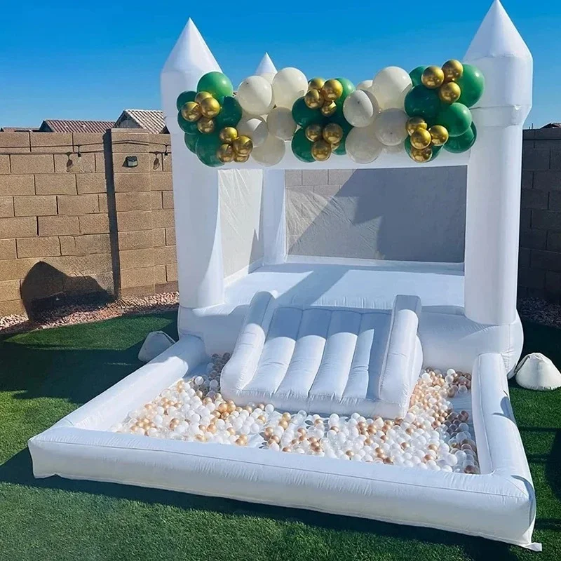 Castelo inflável branco com ventilador, trampolim, bola deslizante, piscina, festa de casamento, parque, aluguel de eventos, brinquedo infantil, casa de salto