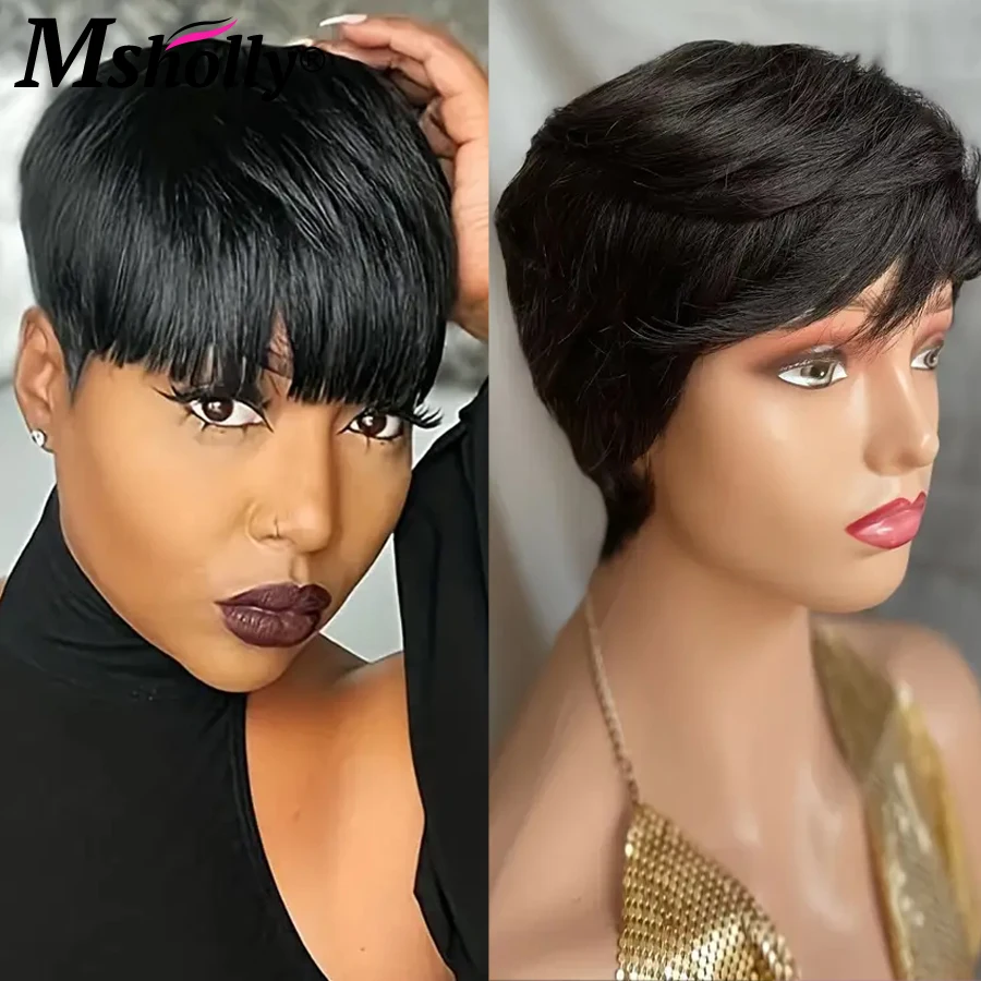 

Short Pixie Cut Human Hair Wigs For Women Full Machine Made 180% Density Wigs Short Water Wave Remy Hair Wigs With Bangs