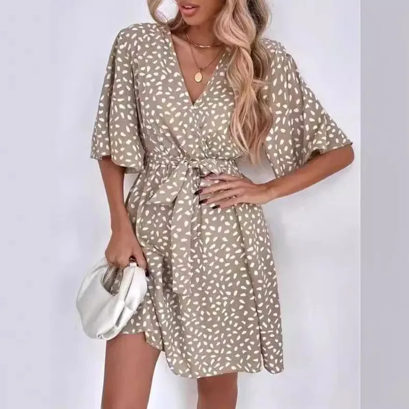 

Women Boho Print Dress 2025 Summer Elegant Short Sleeve V Neck A Line Dresses Casual Loose Beach Party Sundress
