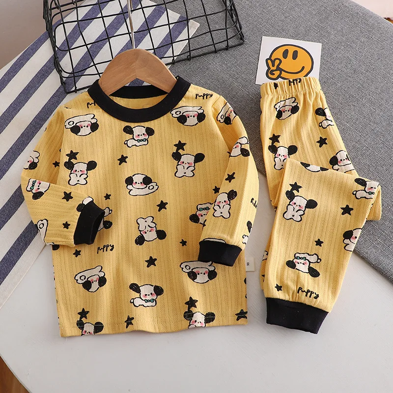 New 2023 Baby Boys Girls Warm Pajamas Kids Cute Cartoon Print O-Neck T-Shirt Tops with Pants Children's Autumn Clothing Sets