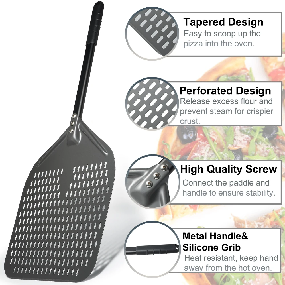 12" Hard Anodized Perforated Pizza Peel Rectangle Pizza Turning Shovel Set Aluminum Pizza Peel Paddle 40cm Long Silicone Handle