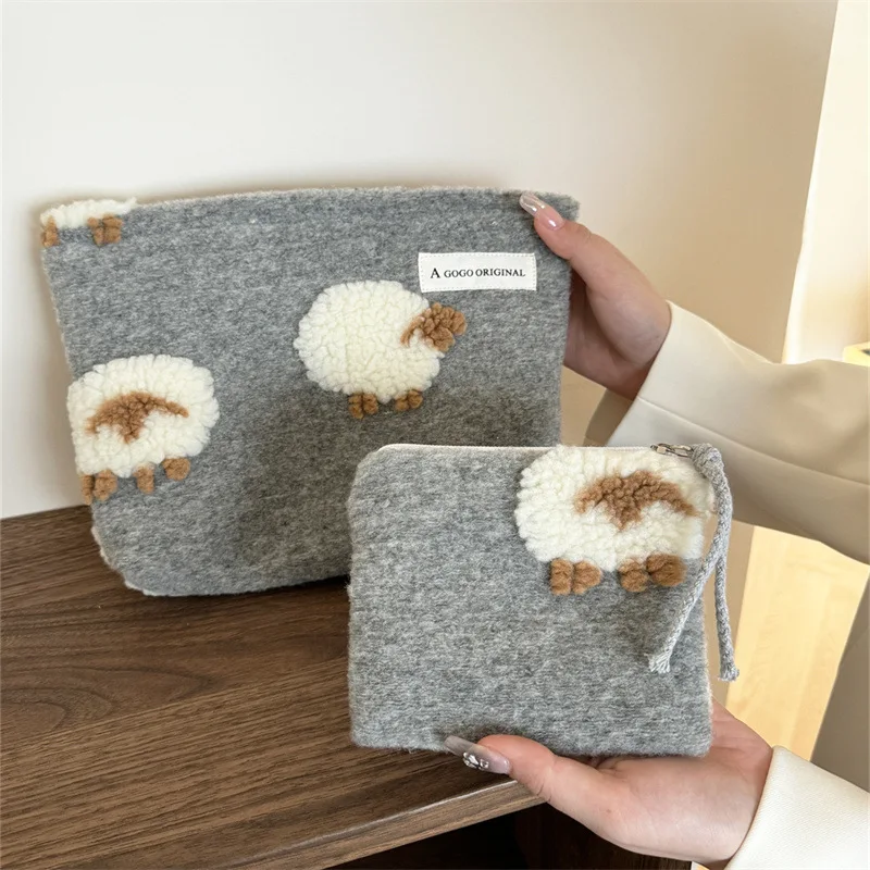 Grey Woolen Makeup Bag Cute Lamb Embroidered Cosmetic Storage Bag Women Travel Toiletry Organizer Pouch Clutch Small Coin Purse