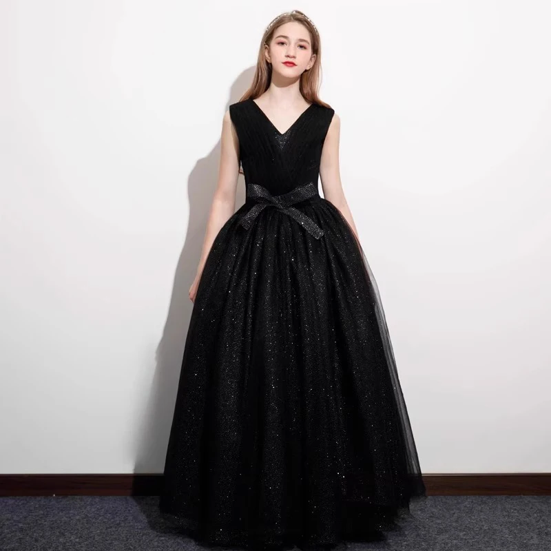 

Elegant V-neck Flower Girl Dress Skirt Luxury Sleeveless Floor-length Prom Dresses Black Tulle A-Line Evening Party Dress