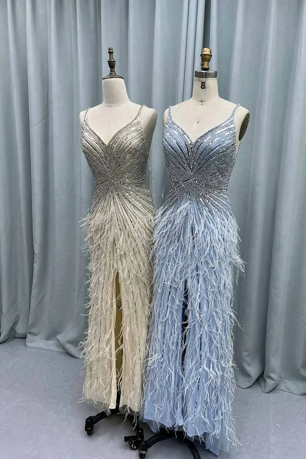 YQLNNE Luxury Blue Feathers Crystals Long Evening Dresses Straps Tulle Beaded Weddding Party Gown Vestidos