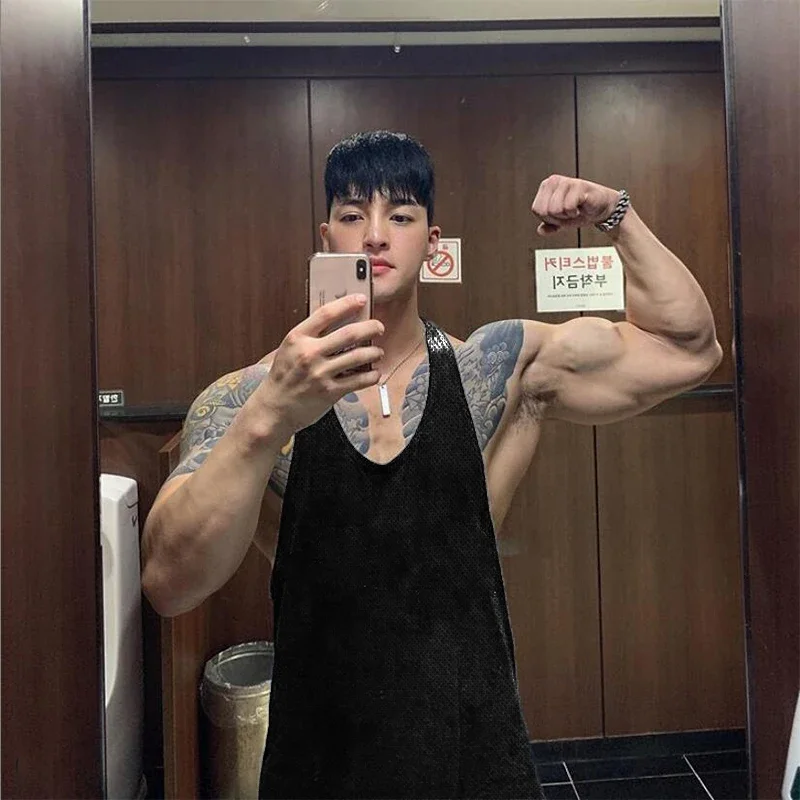 Summer Gym Clothing Fitness Mens Tank Tops Mesh Breathable Bodybuilding Stringer Tanktop Muscle Singlets Y Back Sleeveless Vest