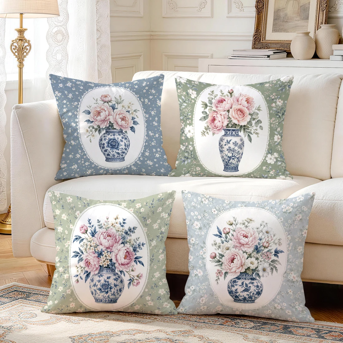 Porcelavase Peony Pillowcase Printed Polyester 40/45/50cm Throw Pillowcover Decorative Sofa Cushion Pillowslip Home Decor