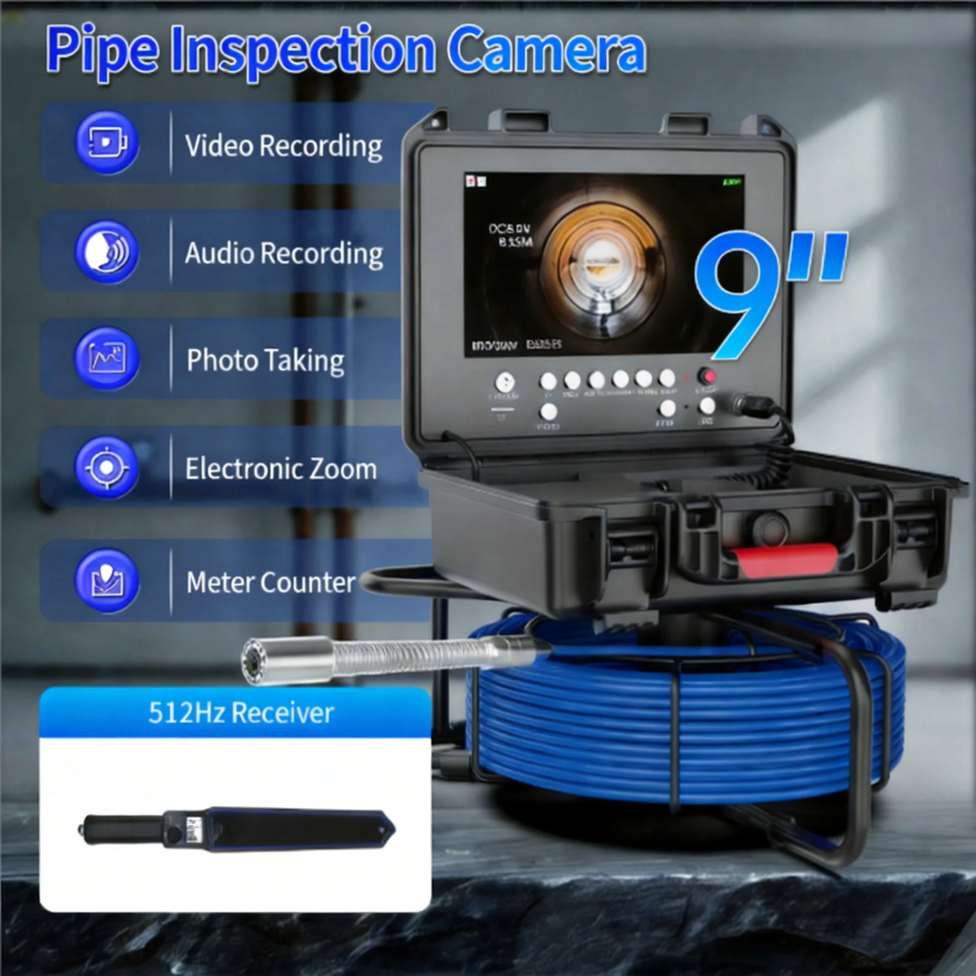 9 23mm Self-Leveling Sewer Inspection Camera 512Hz Transmitter Locator Pipe Endoscope DVR Waterproof Drain Camera Kit