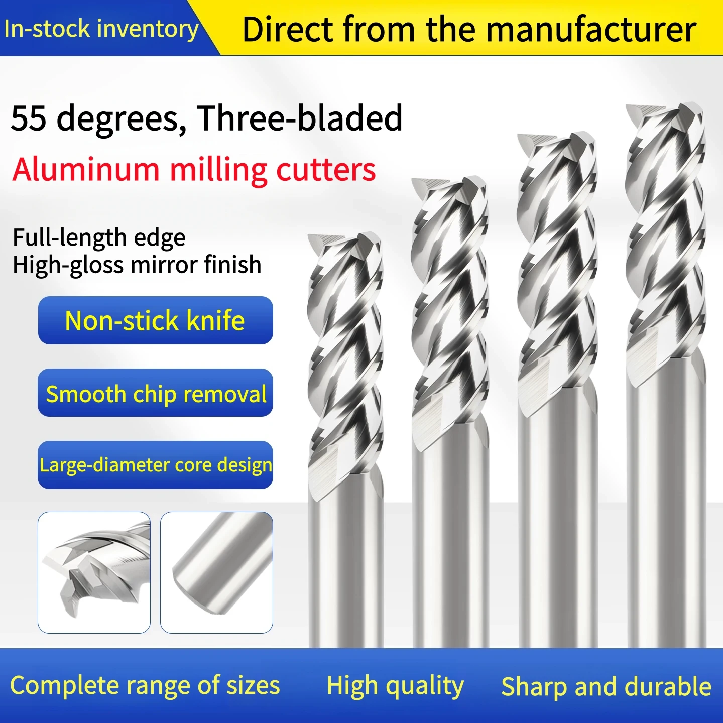 

55-degree tungsten carbide flat end mill, aluminum-grade hard alloy extended 3-flute flat end mill for CNC machining centers