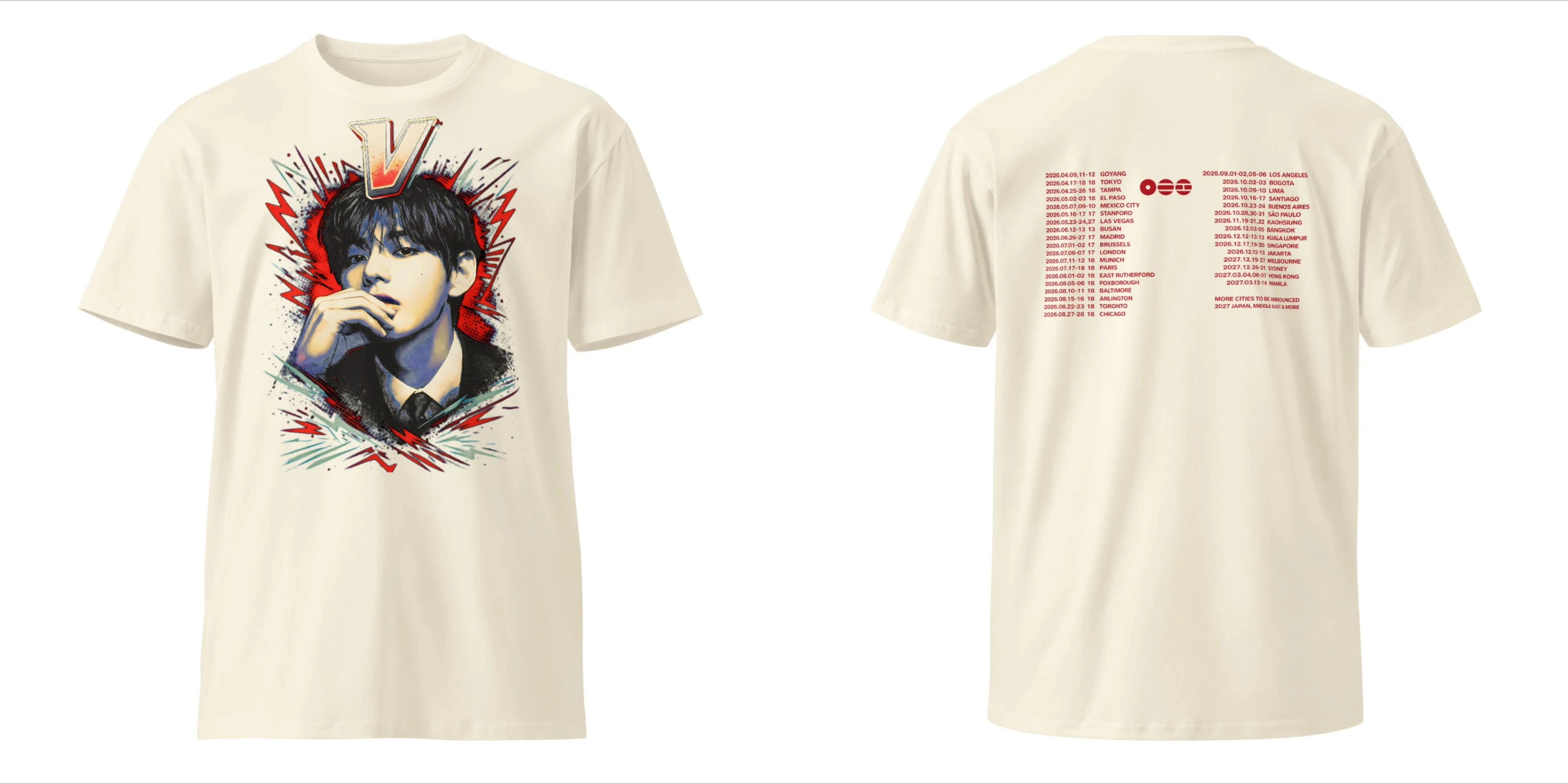 BTS V Kim Taehyung 2026 World Tour Doppelseitiges Grafik-T-Shirt mit Porträt und Tour-Städtenliste Kpop-Fans T-Shirt für Männer, Frauen und Kinder – Detail 11