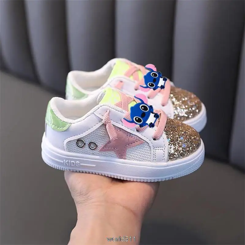 Disney-zapatillas de deporte de Mickey y Minnie para niñas, zapatos informales de moda para bebés, Tenis infantiles con lentejuelas y puntadas,