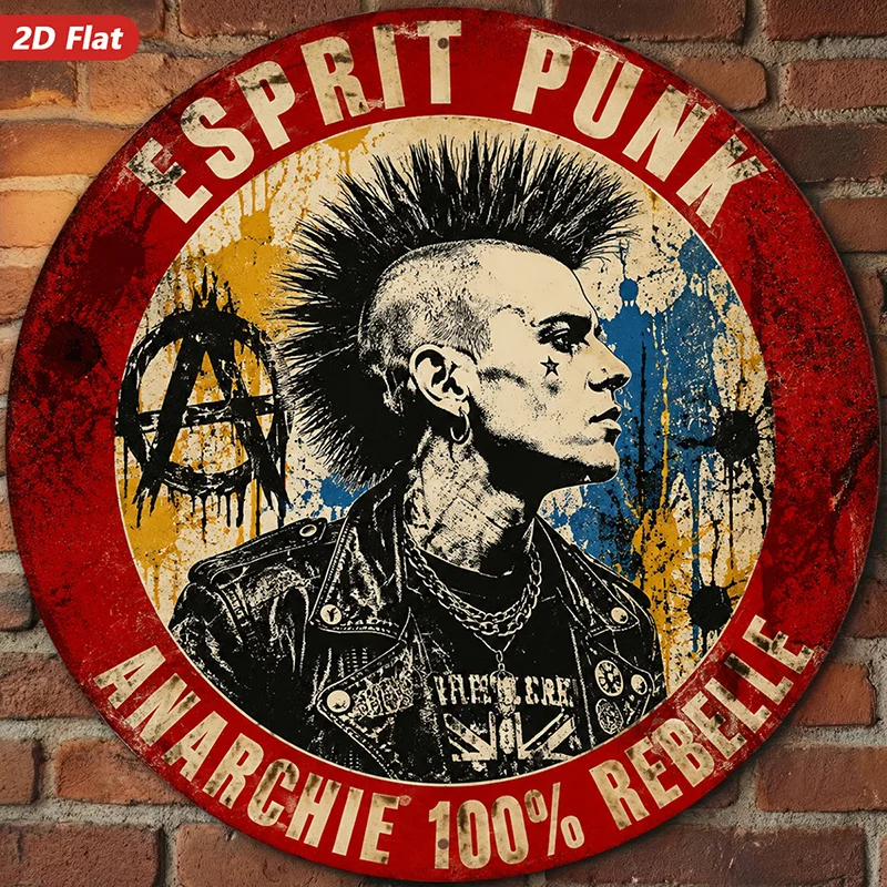 2D Flat, 1pc Punk Rebel Spirit Round Metal Sign Wall Art, Ideal for Studio Kitchen Living Room, Mohawk Portrait, Home Decor, Lea