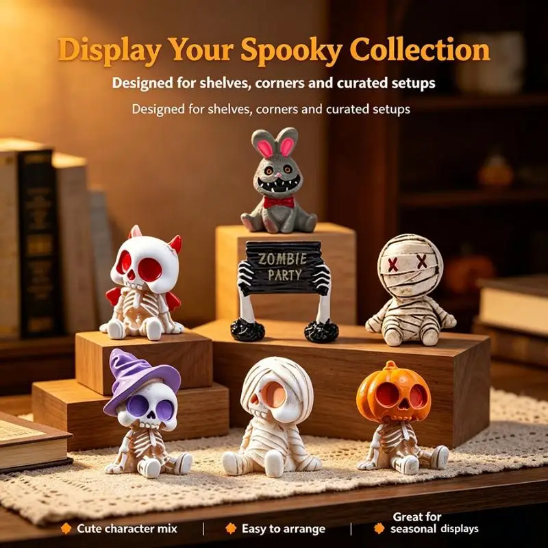 New 7Pcs Halloween Mini Figurines Set, Spooky Resin Decor With Pumpkins Ghosts Skulls For Party Home Garden Decoration