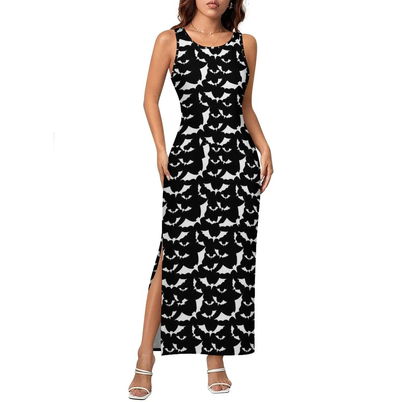 Black Bat Bodycon Dress Summer White Animal Elegant Maxi Dresses Women Sleeveless Pattern Street Wear Dress Big Size
