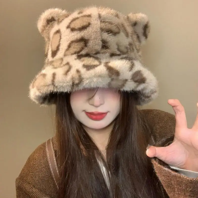 

Leopard Print Plush Teddy Bear Hat For Women Cat Ear Plush Keep Warm Leopard Print Rolled Edge Beanie Caps Ear Protection Hat