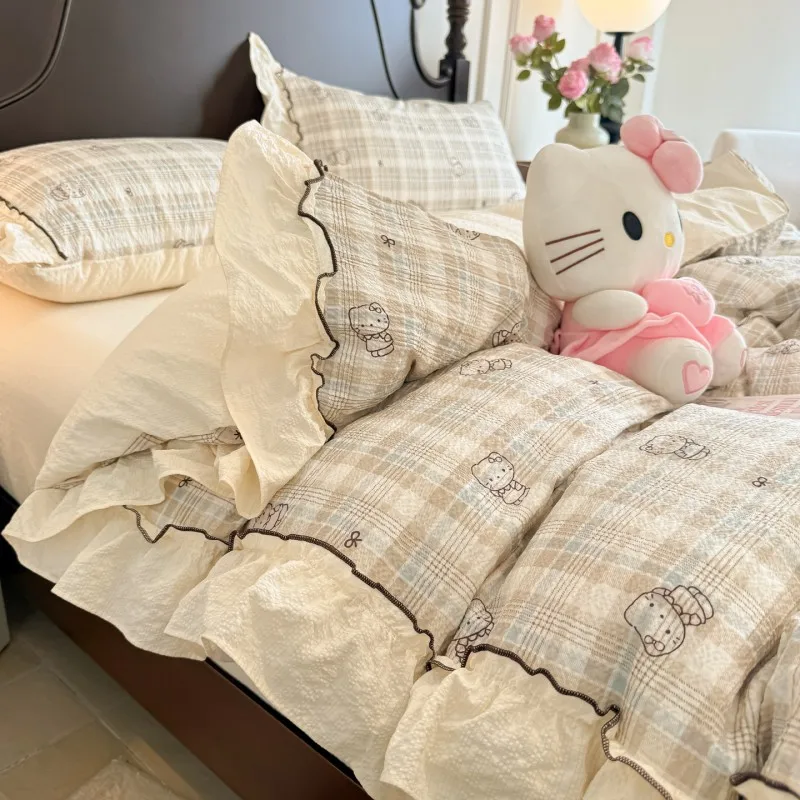 

3/4Pcs Bedding Set Checkered Ruffled Cat Bed Sheets Kawaii Princess Bedding Pillowcase Duvet Cover Kids Bedding Four-Season