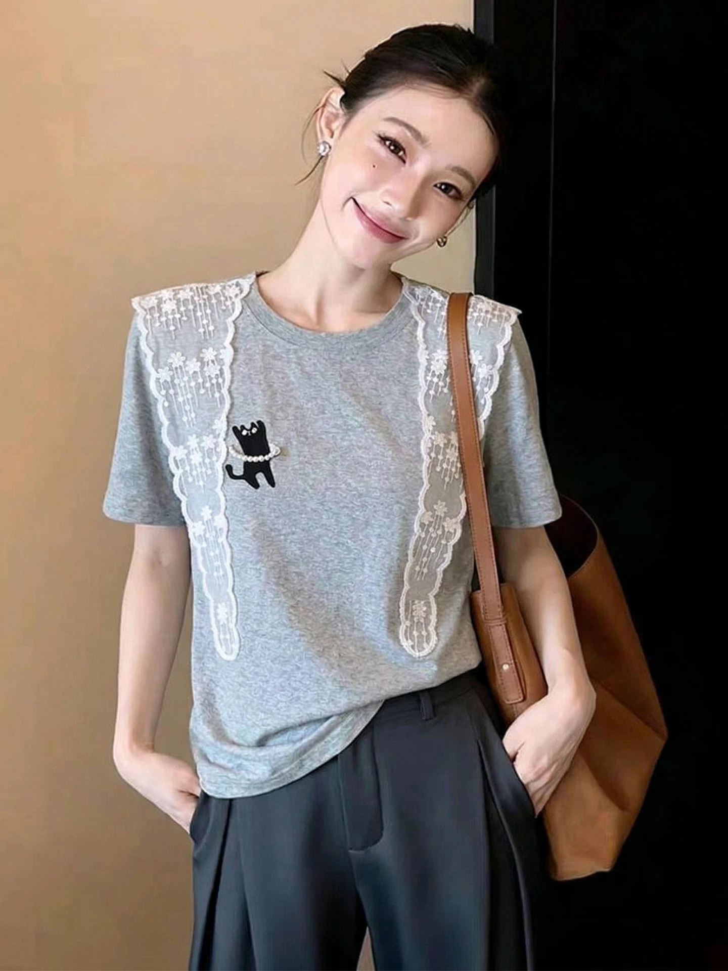 

Elegant Korean Style Lace Shoulder Wrap Short Sleeve T-Shirt Pure Color Hoodie Base Shirt Spring Summer Casual Wear