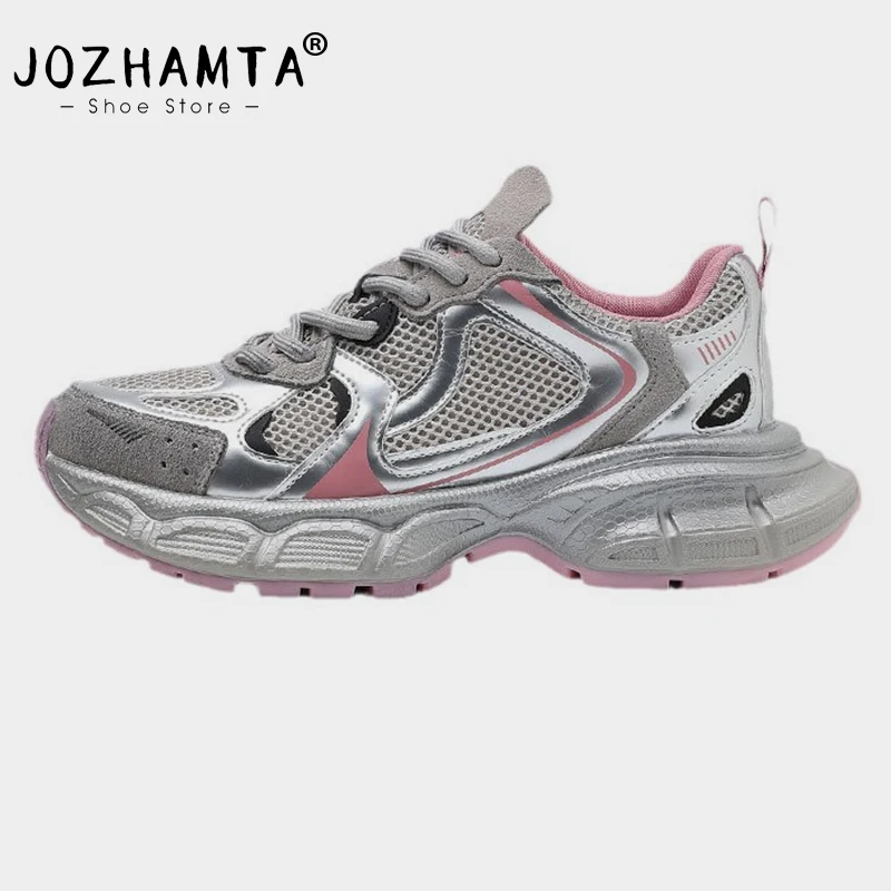 JOZHAMTA Size 35-40 Pink Sneakers For Women Casual High Heels Real Leather Breath Mesh Platform Shoes Ins 2025 Tennis Athletic