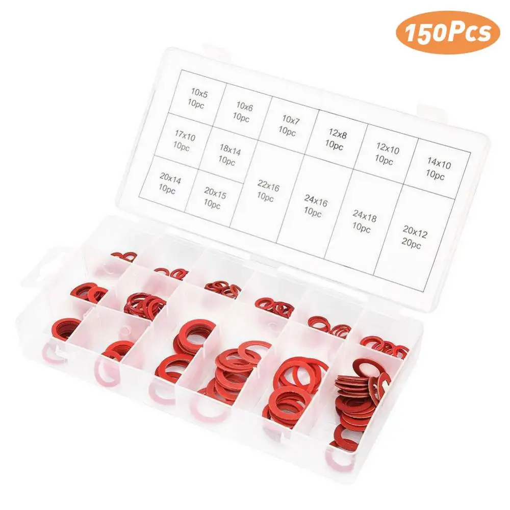 Insulation Gasket Spacers Washer 150Pcs M10-M24 Assorted Size Red Steel Paper Fiber Flat Insulation Kit Meson Spacer Insulating