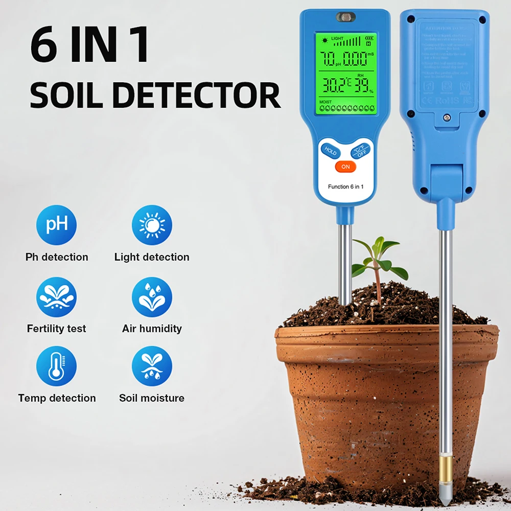 

6 in 1 Soil Detector Soil Tester PH Temperature Humidity Sunlight Air Moisture Nutrient Fertility Meter Gardening Tool 2026 New