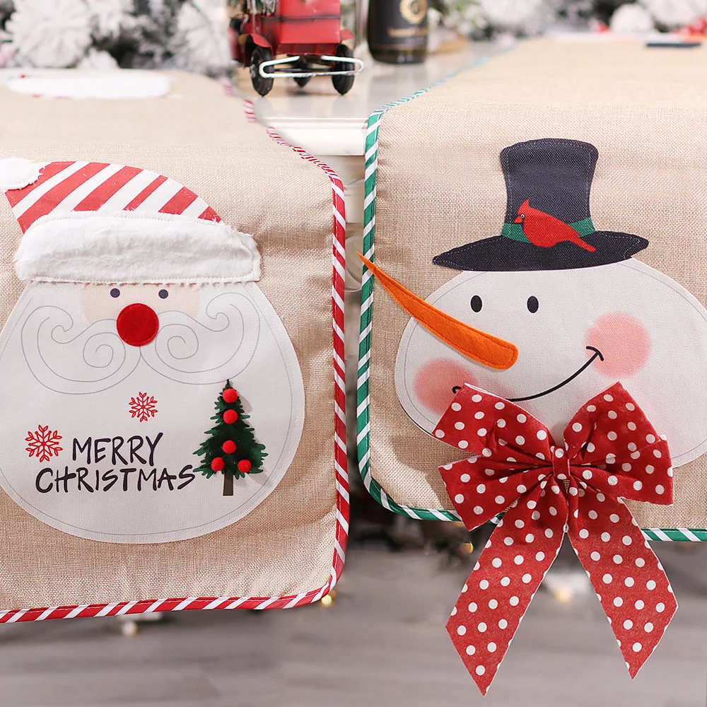 New Christmas Cartoon Style Linen Overlock Table Runner Santa Claus Snowman Bow Pattern Dining Table Decoration And Accessories