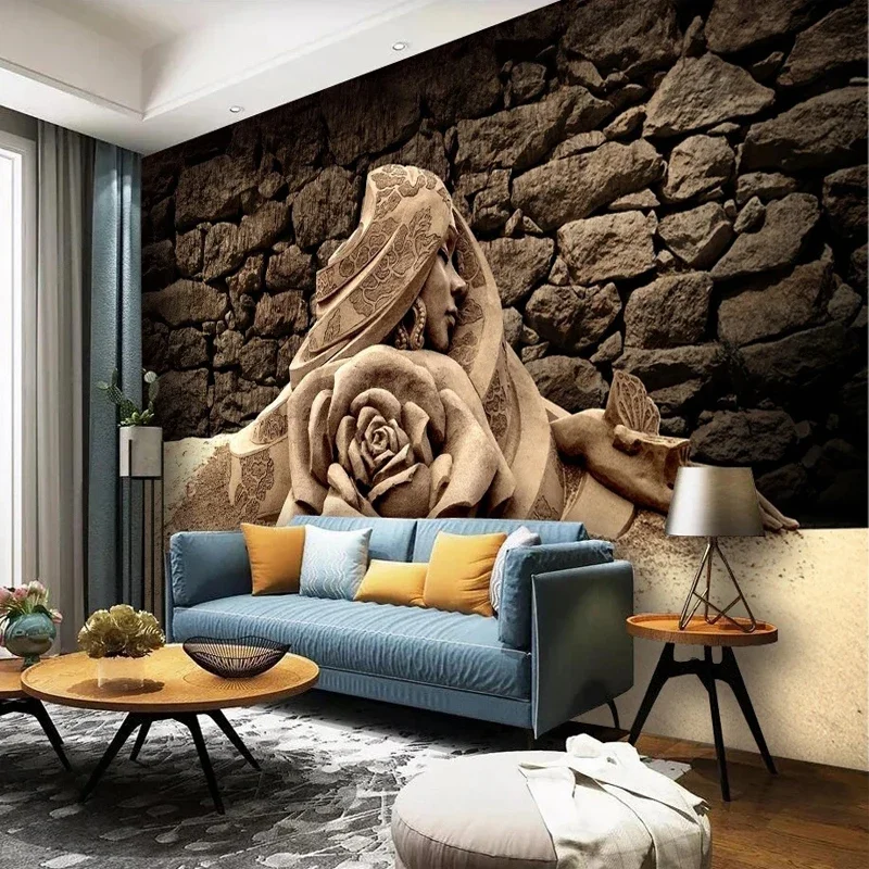 Papel tapiz personalizado de cualquier tamaño, escultura de arena de piedra en relieve 3D Retro, flores rosas de belleza, decoración de pared de