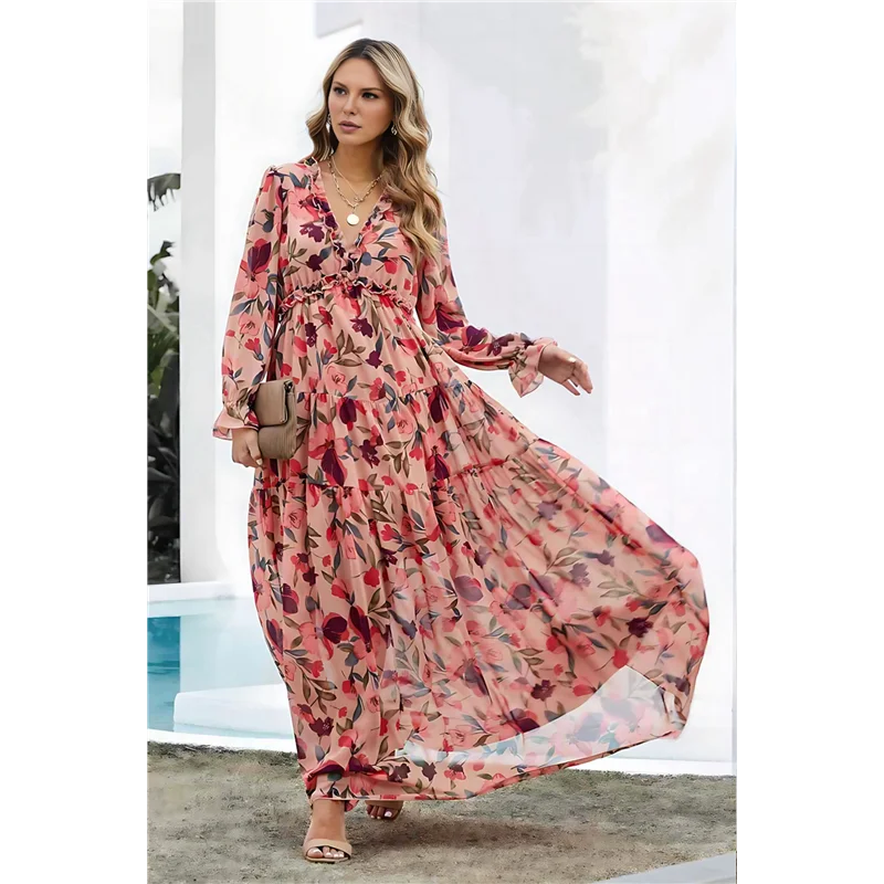 ABRT-Abito maxi Boho da donna con scollo a V, maniche lunghe, volant, linea ad A, abiti in chiffon con altalena divisa