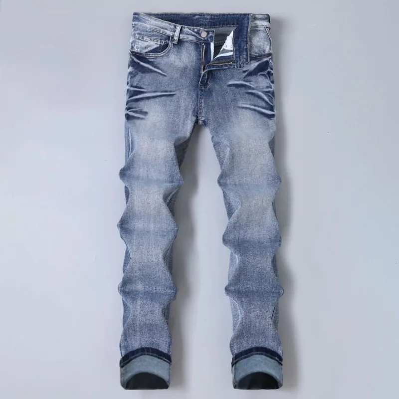 Men Y2K Light Wash Stacked Bootcut Jeans Wrinkle Faded Slim Flare Denim Long Trousers